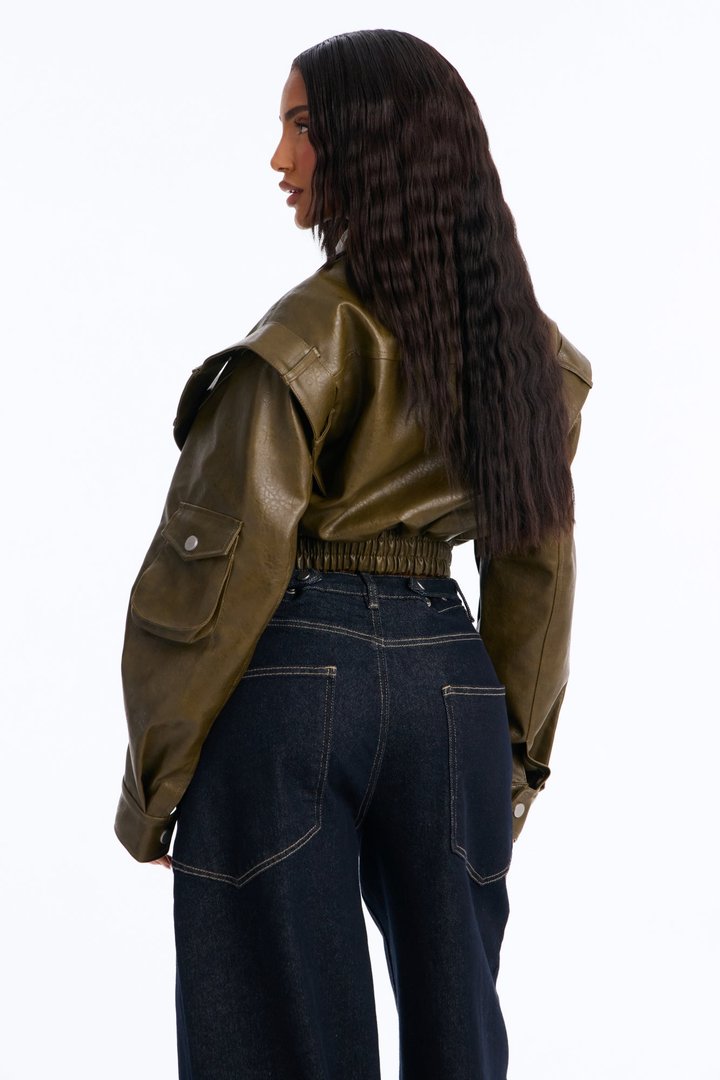 Harper Washed Faux Leather Jacket - Olive