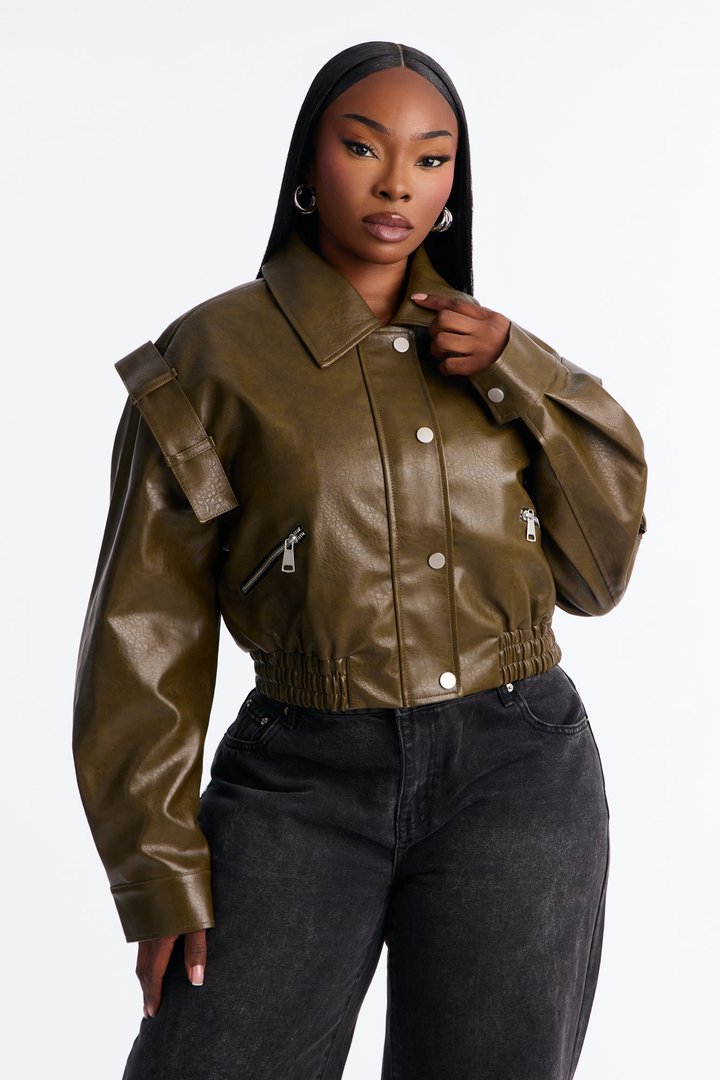 Harper Washed Faux Leather Jacket - Olive