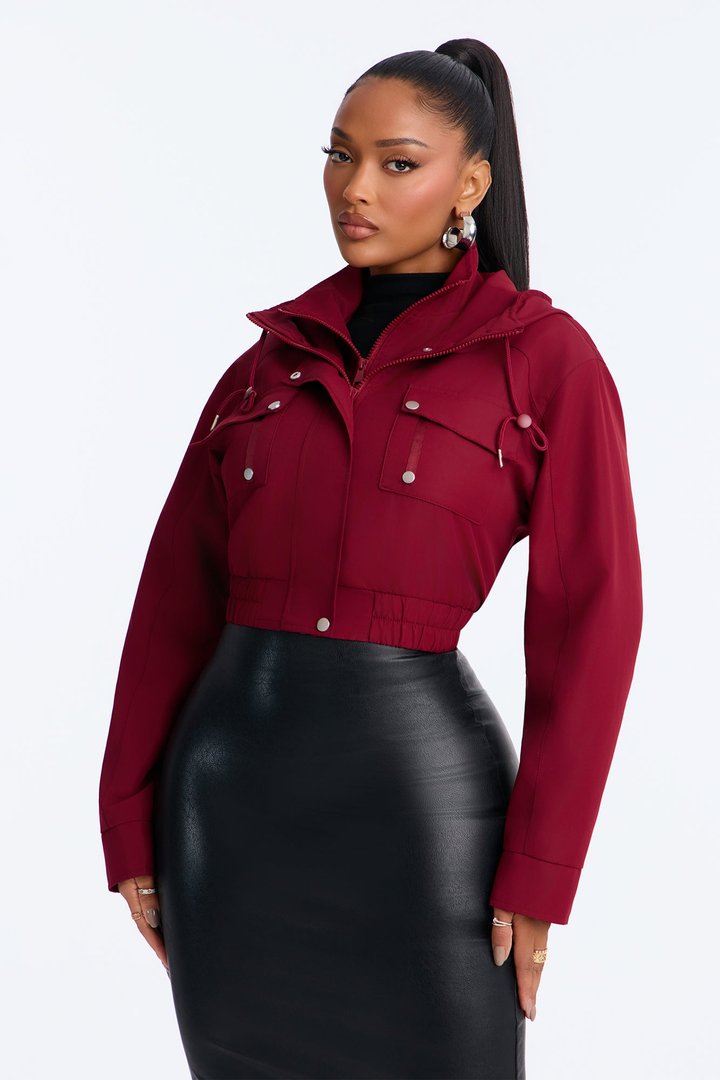 Kelsie Hooded Cropped Jacket - Burgundy