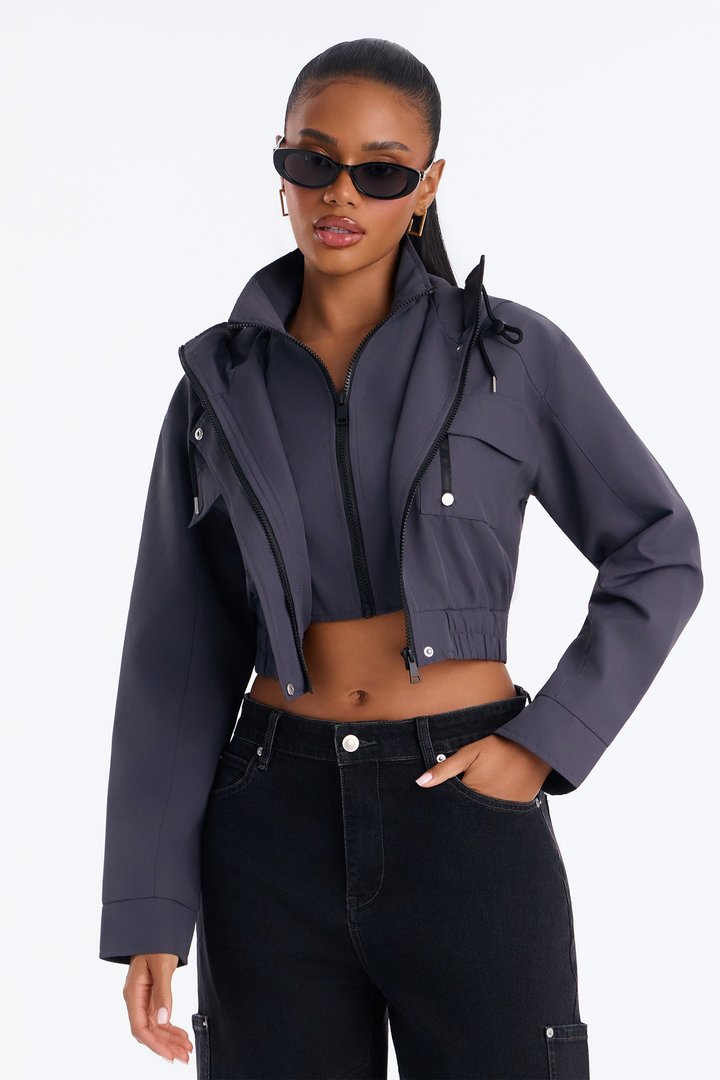 Kelsie Hooded Cropped Jacket - Charcoal