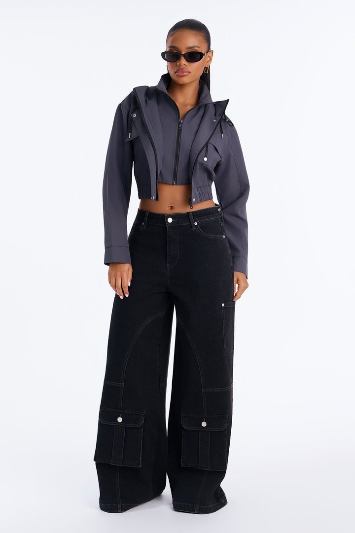 Kelsie Hooded Cropped Jacket - Charcoal