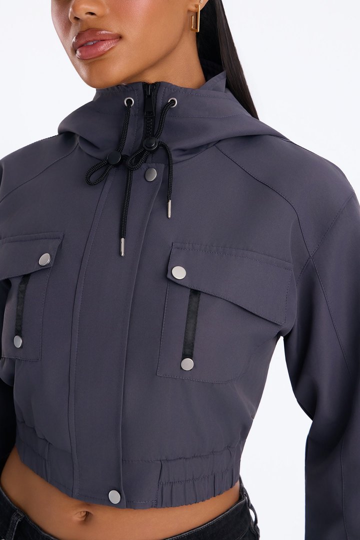 Kelsie Hooded Cropped Jacket - Charcoal