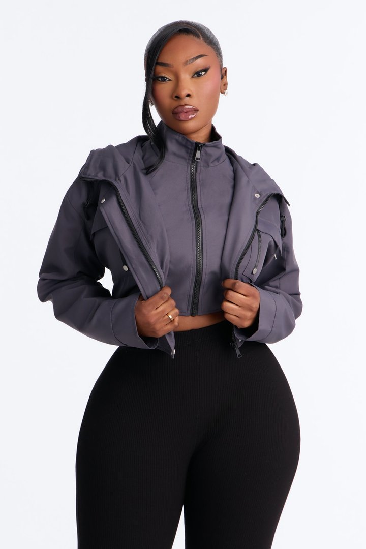 Kelsie Hooded Cropped Jacket - Charcoal