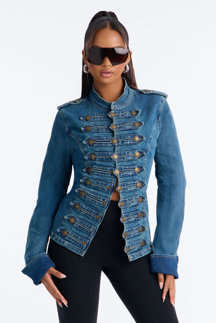 Marching Orders Stretch Denim Military Jacket - Medium Wash