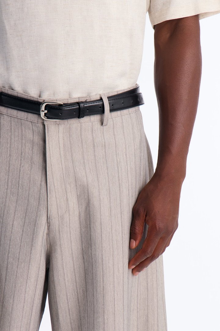 Herringbone Belted Barrel Trouser - Grey