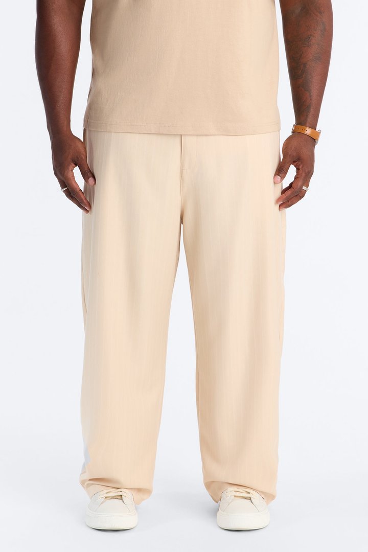 Herringbone Belted Barrel Trouser - Taupe