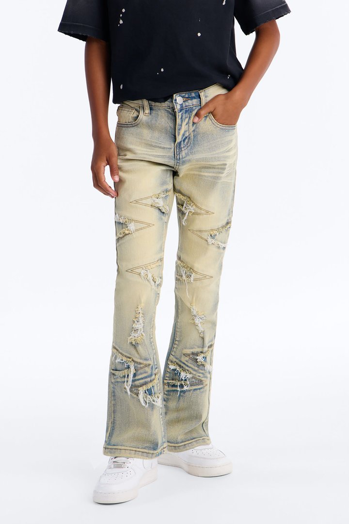 Mini Stacked Skinny Flare Triangle Fray Jeans - Light Wash