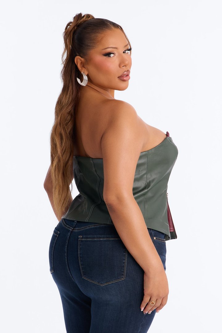 Past Midnight Faux Leather Zip Up Corset Top - Olive/combo