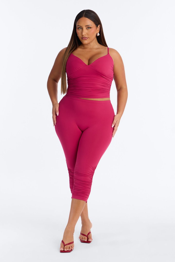 Second Skin Double Lined Ruched Low Rise Capri Legging - Raspberry