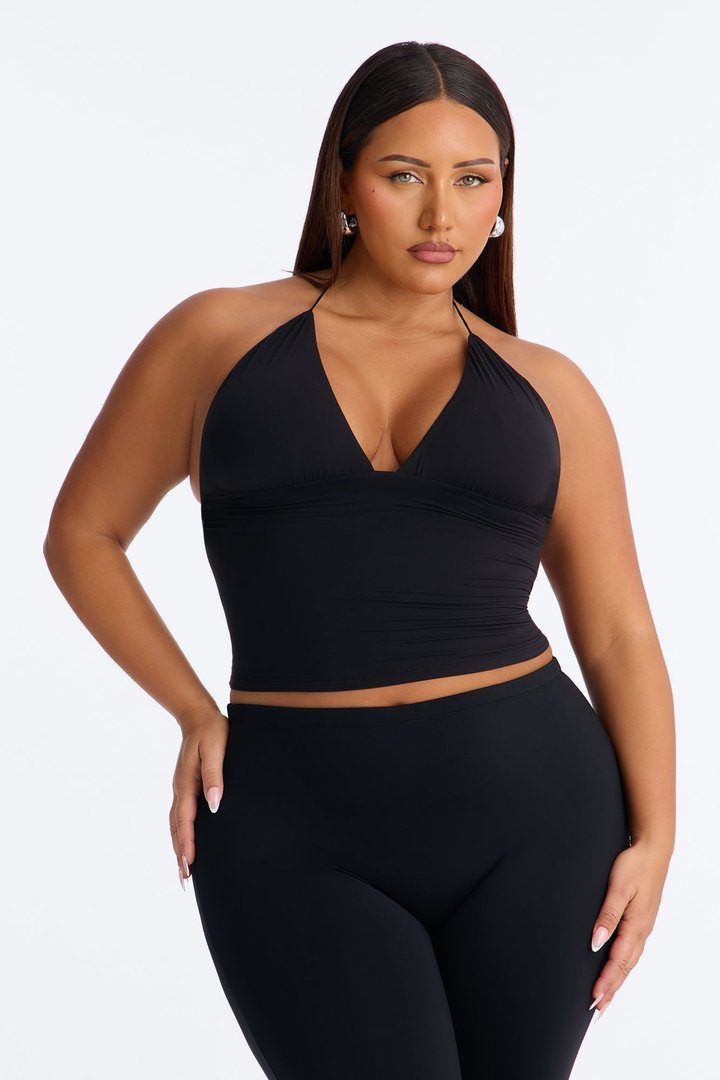 Second Skin Double Lined String Halter Top - Black
