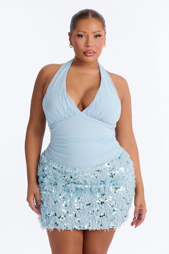 Aryanna Embellished Feather Mini Dress - Aqua