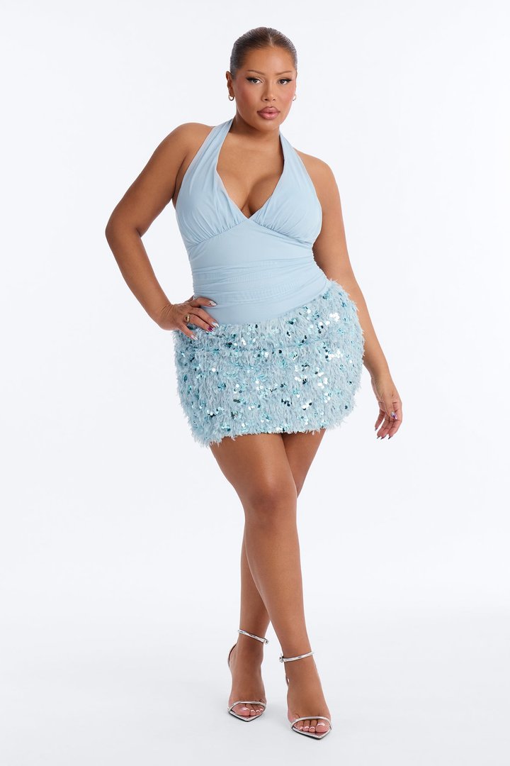 Aryanna Embellished Feather Mini Dress - Aqua