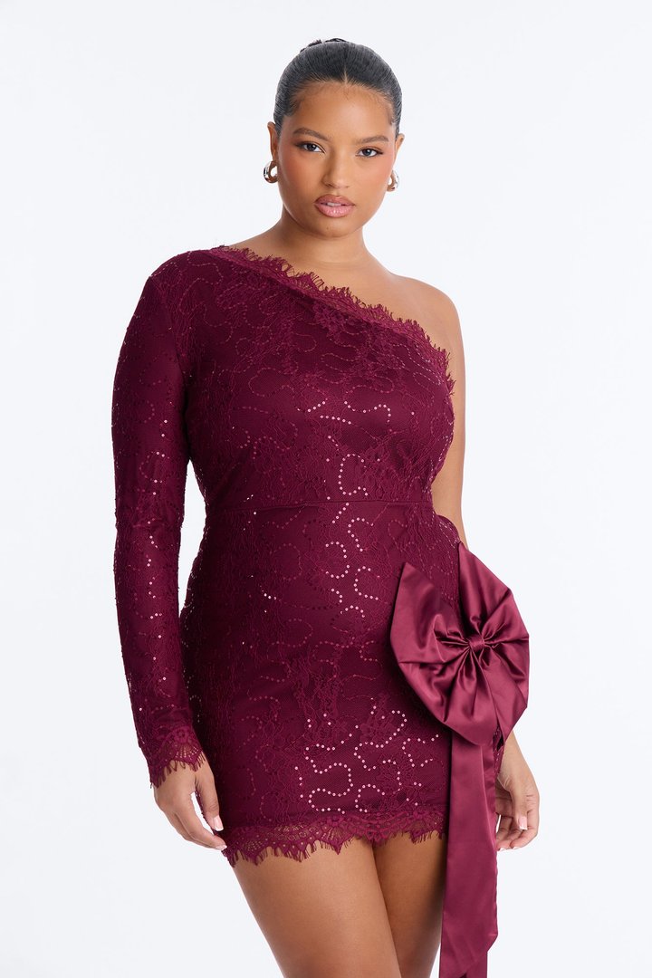 Miranda Sequin Lace Bow Mini Dress - Wine