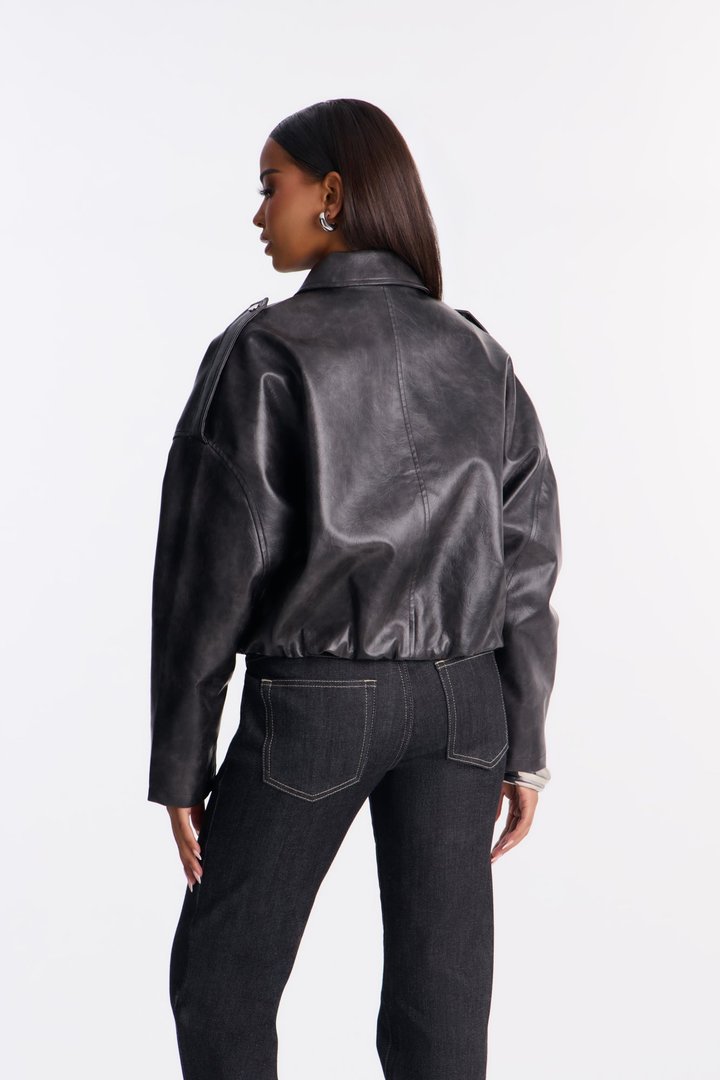 Chelsea Washed Faux Leather Bubble Jacket - Black Wash
