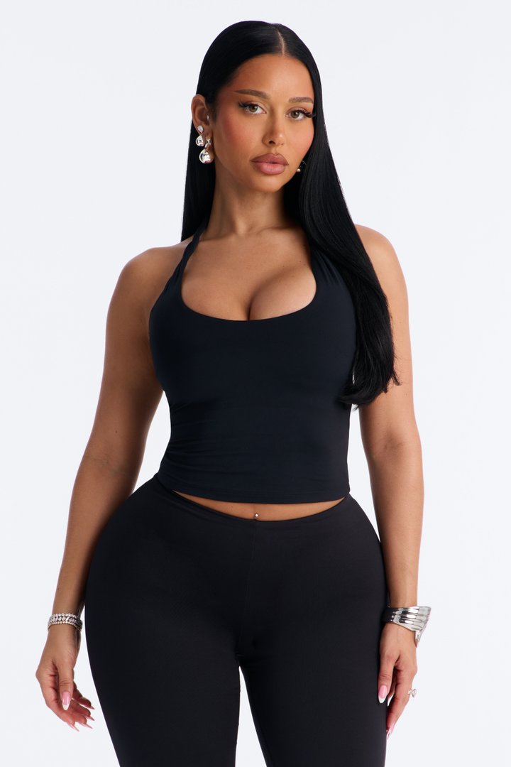 Second Skin Double Lined Twist U Neck Halter Top - Black