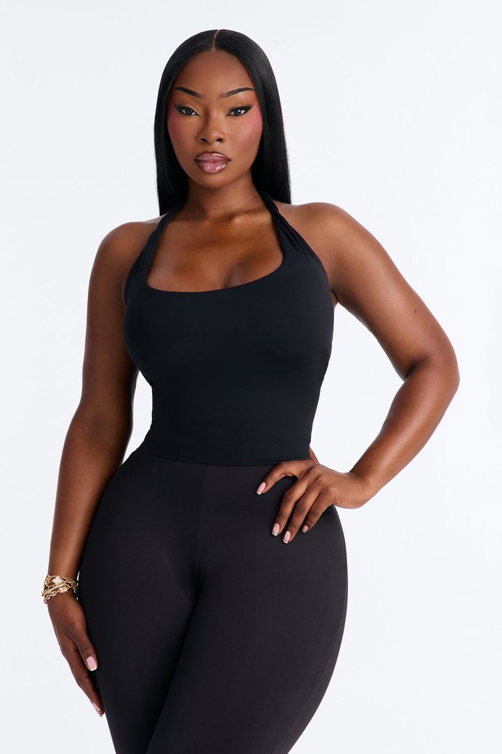Second Skin Double Lined Twist U Neck Halter Top - Black
