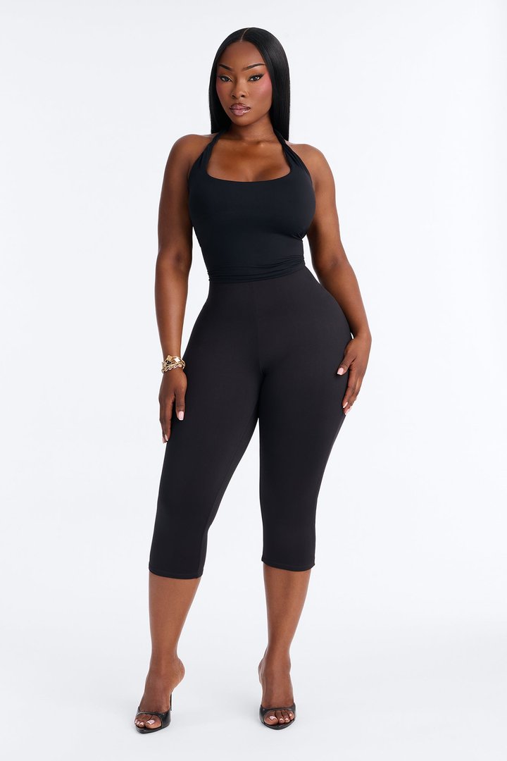 Second Skin Double Lined Twist U Neck Halter Top - Black
