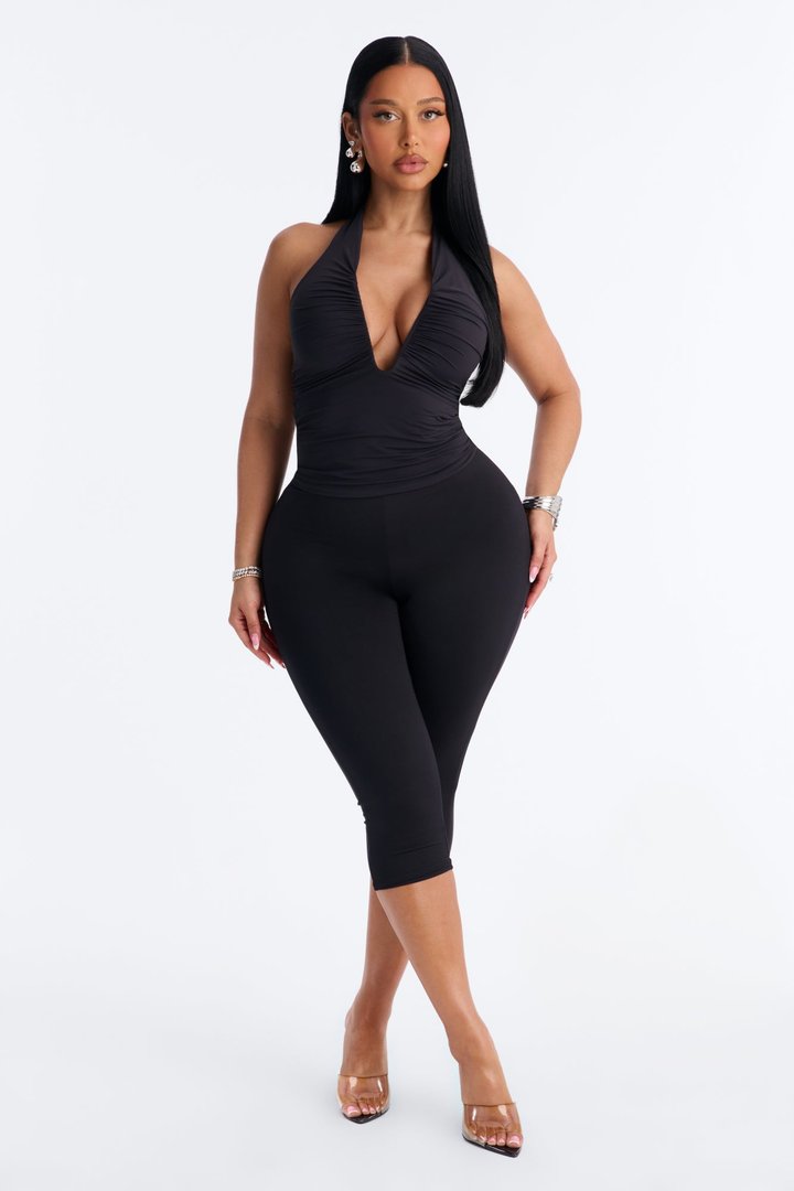Second Skin Double Lined Ruched V Wire Halter Top - Black