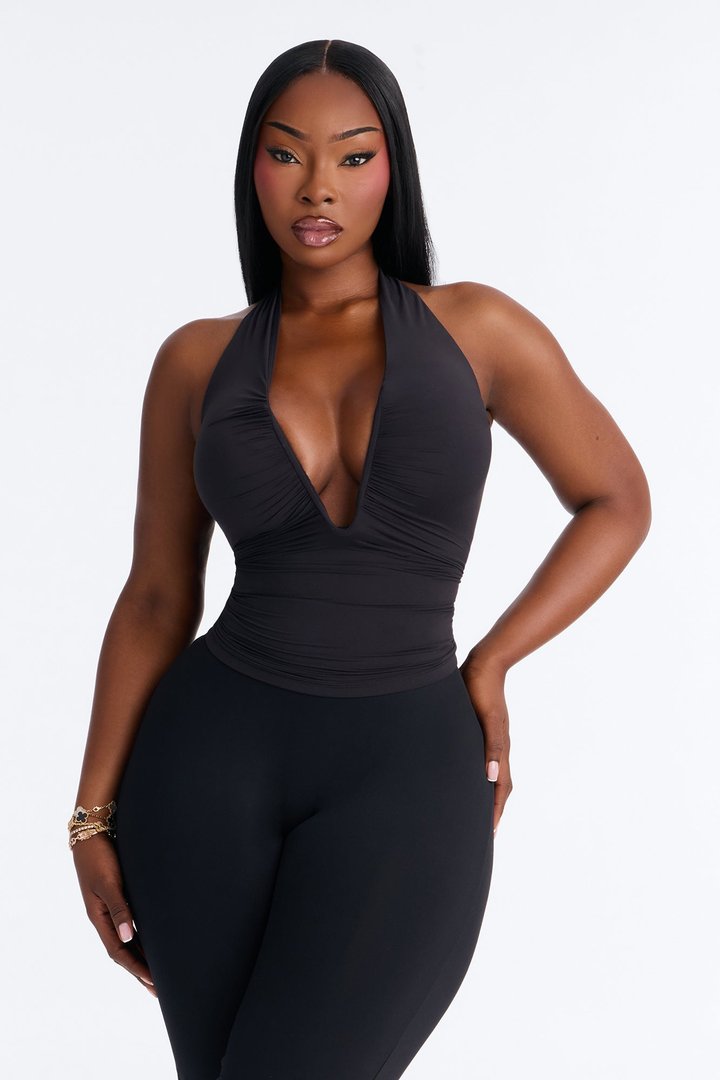 Second Skin Double Lined Ruched V Wire Halter Top - Black