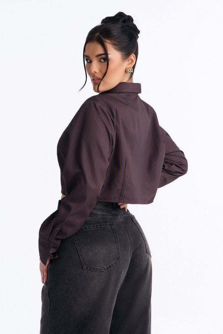 Real Woman Striped Poplin Tie Shirt - Brown Combo