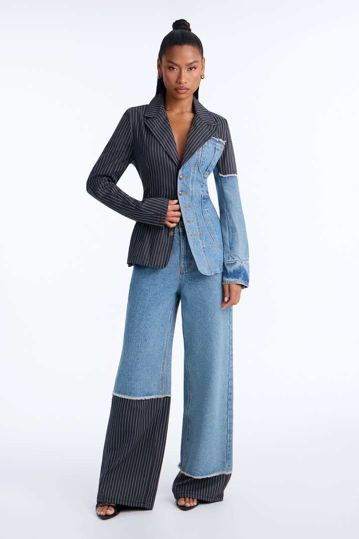 The Alibi Deconstructed Pinstripe Wide Leg Jeans - Medium Wash
