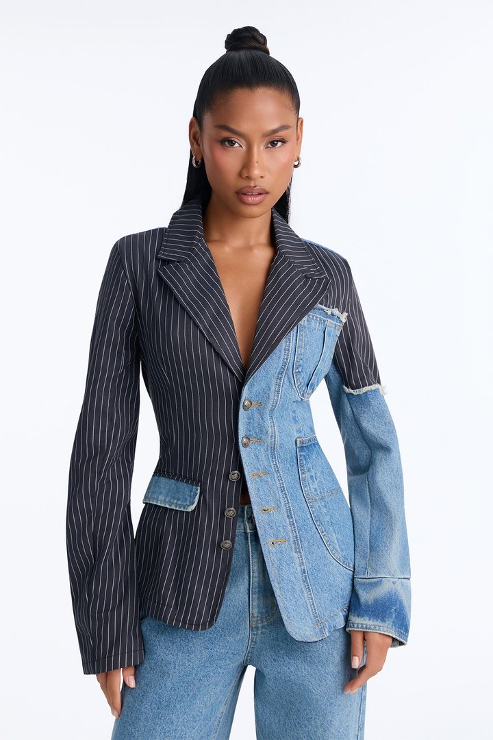 The Alibi Deconstructed Pinstripe Denim Blazer Jacket - Medium Wash