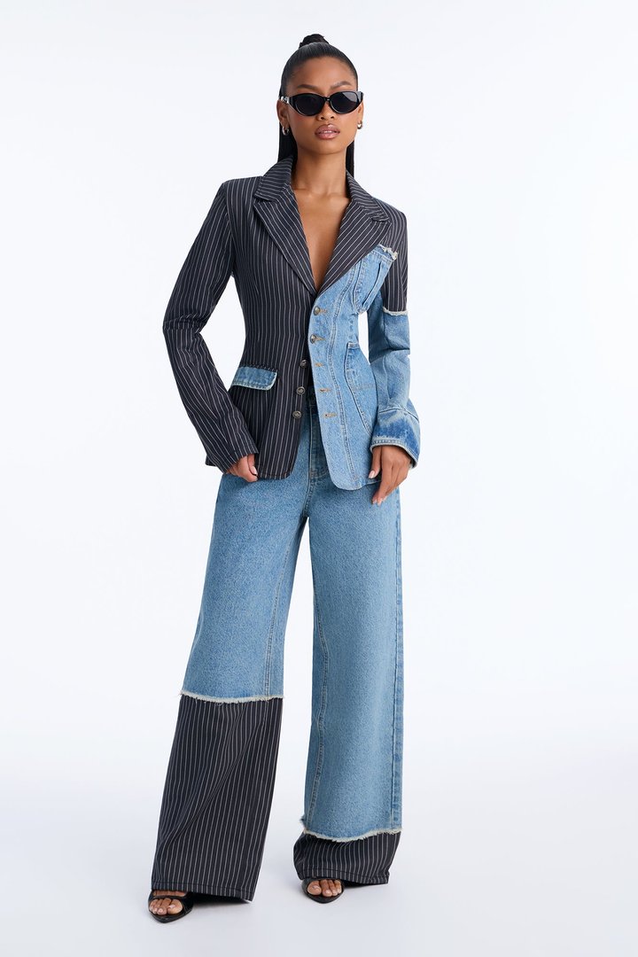 The Alibi Deconstructed Pinstripe Denim Blazer Jacket - Medium Wash