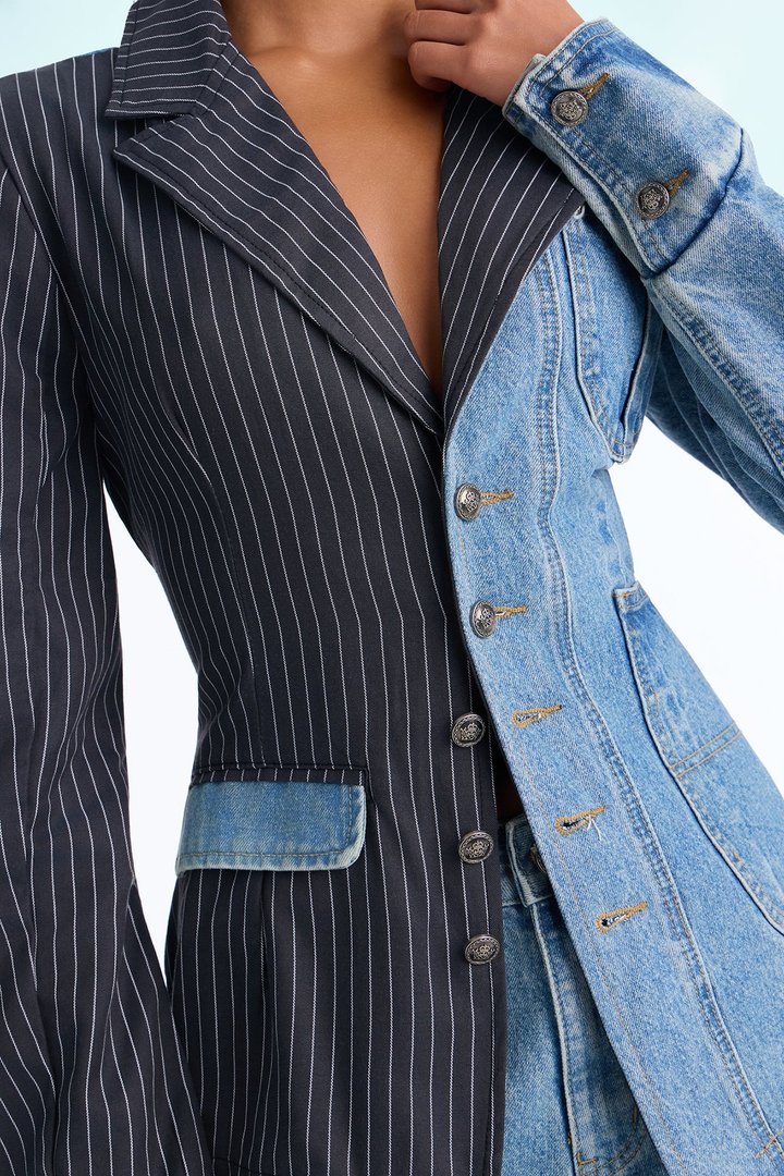 The Alibi Deconstructed Pinstripe Denim Blazer Jacket - Medium Wash