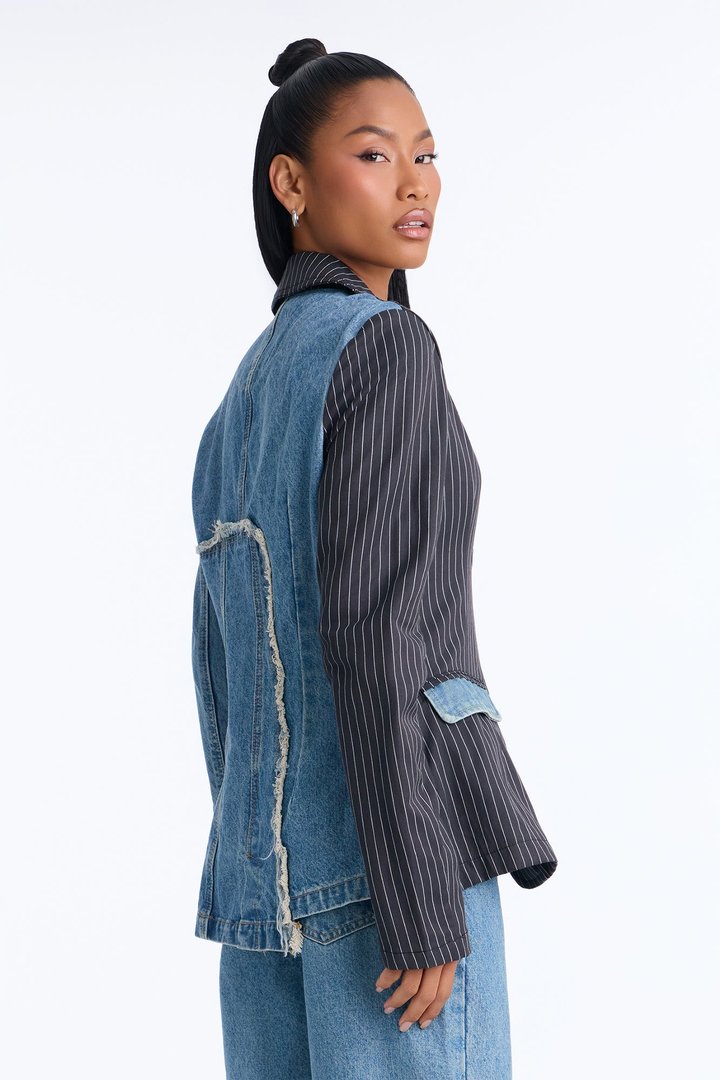 The Alibi Deconstructed Pinstripe Denim Blazer Jacket - Medium Wash