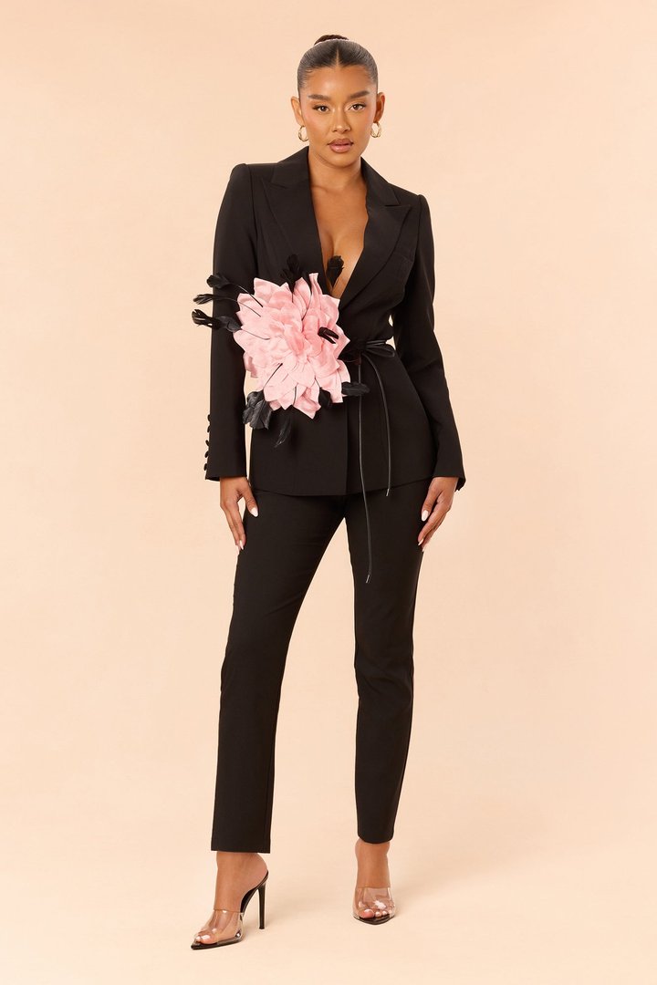 Kahlea Floral Applique Belted Pant Set - Black