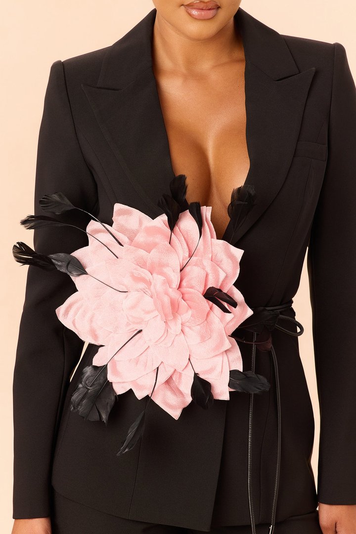 Kahlea Floral Applique Belted Pant Set - Black