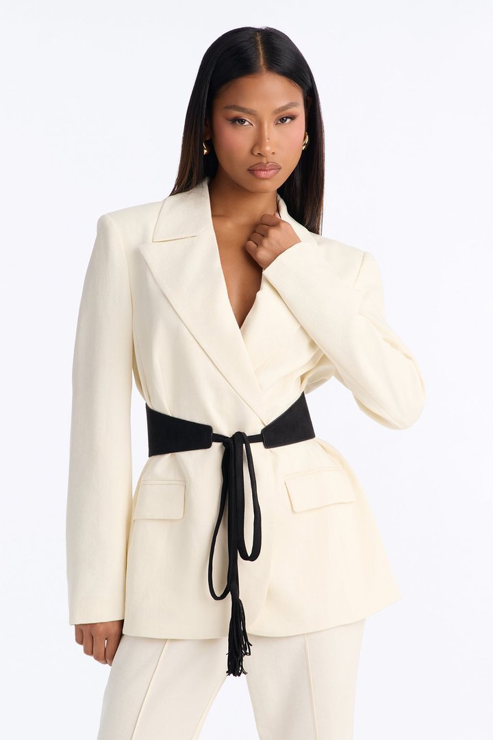 Faye Double Breasted Belted Waist Blazer - Ivory