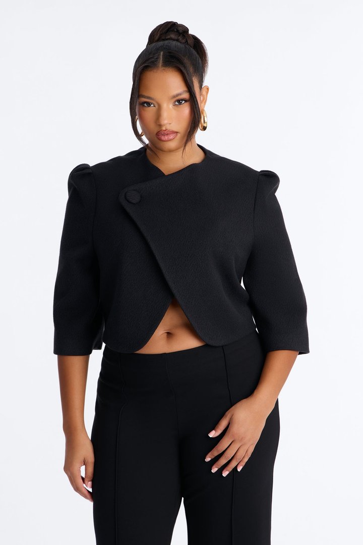 Kate Cropped Short Sleeve Crossover Blazer - Black