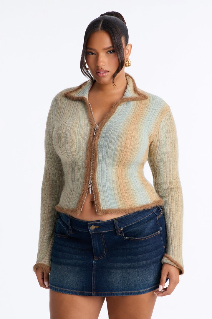 Ombre Cozy Zip Front Cardigan - Brown/combo