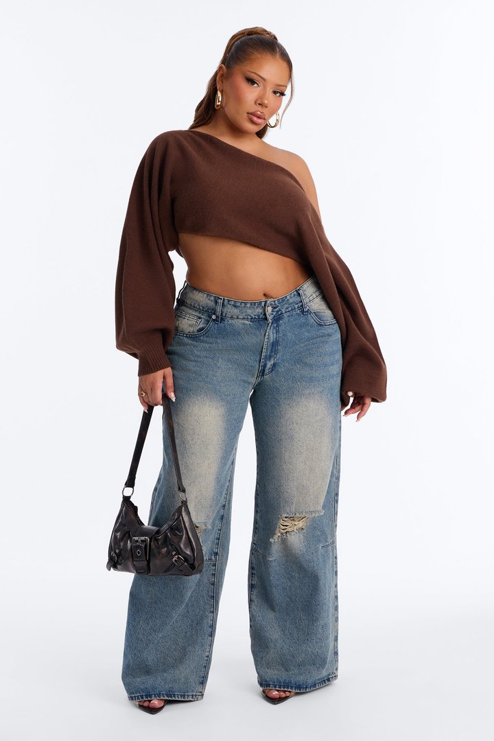 Love Away One Shoulder Sweater Top - Chocolate