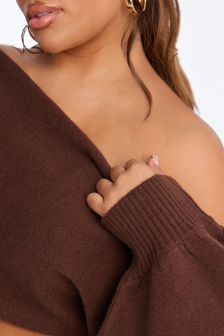 Love Away One Shoulder Sweater Top - Chocolate