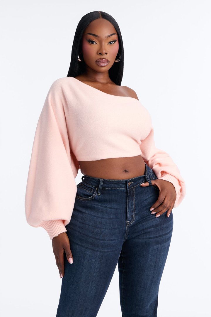 Love Away One Shoulder Sweater Top - Light Pink