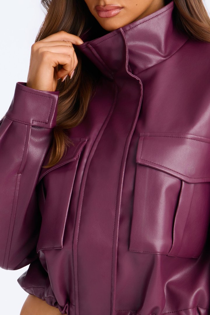 No Hard Feelings Faux Leather Cropped Bomber Jacket - Burgundy