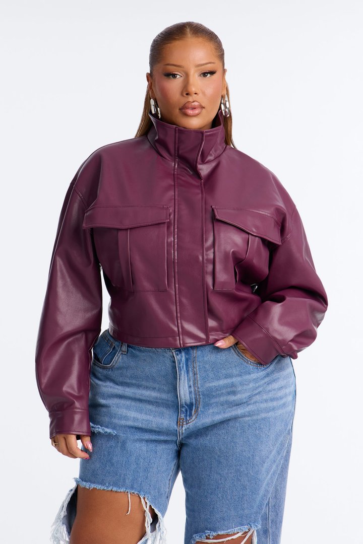 No Hard Feelings Faux Leather Cropped Bomber Jacket - Burgundy