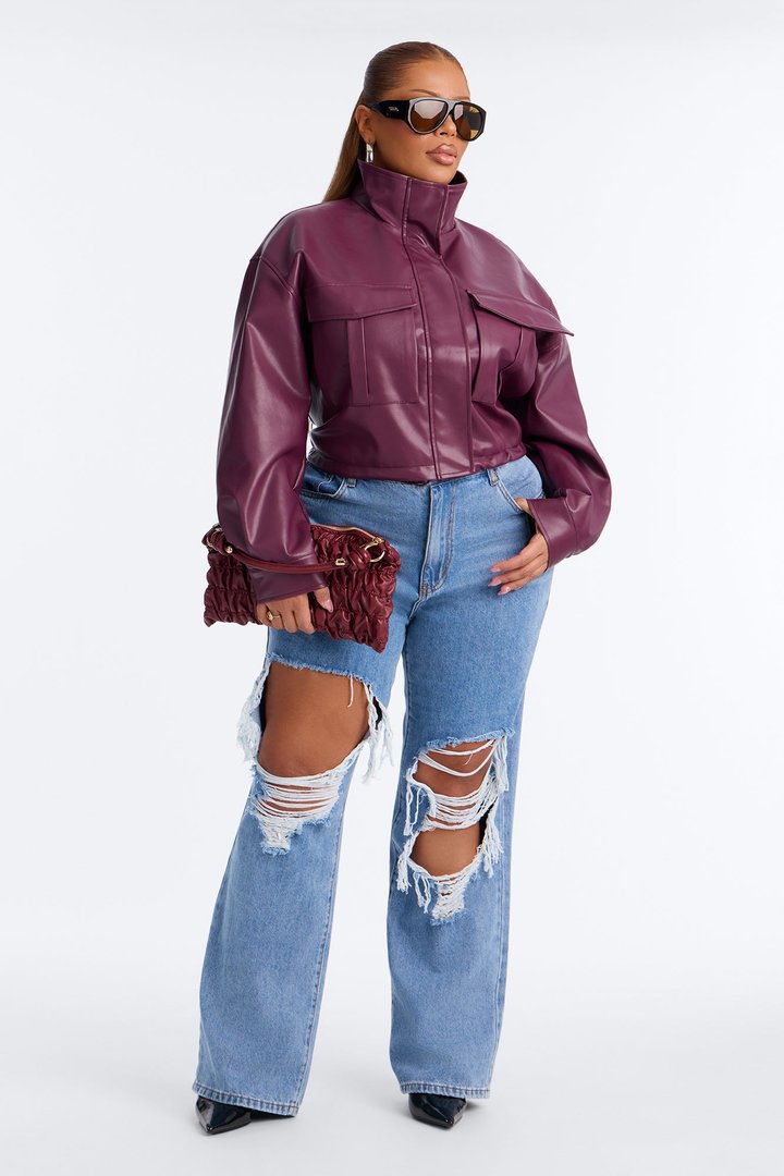 No Hard Feelings Faux Leather Cropped Bomber Jacket - Burgundy