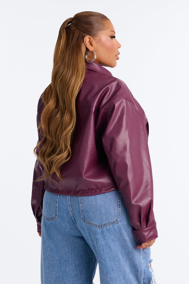 No Hard Feelings Faux Leather Cropped Bomber Jacket - Burgundy