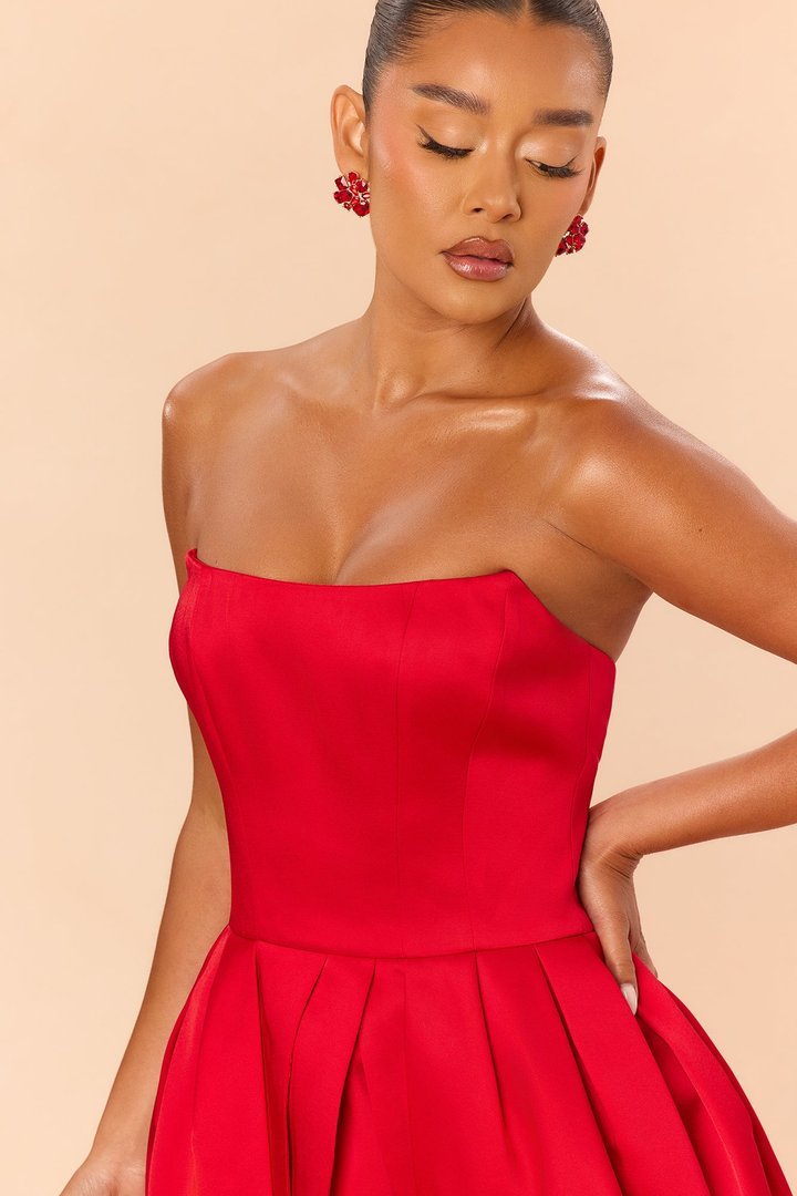 Rayah Strapless Tulip Satin Mini Dress - Red