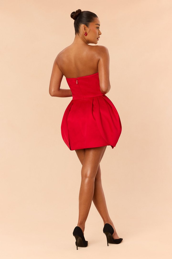 Rayah Strapless Tulip Satin Mini Dress - Red
