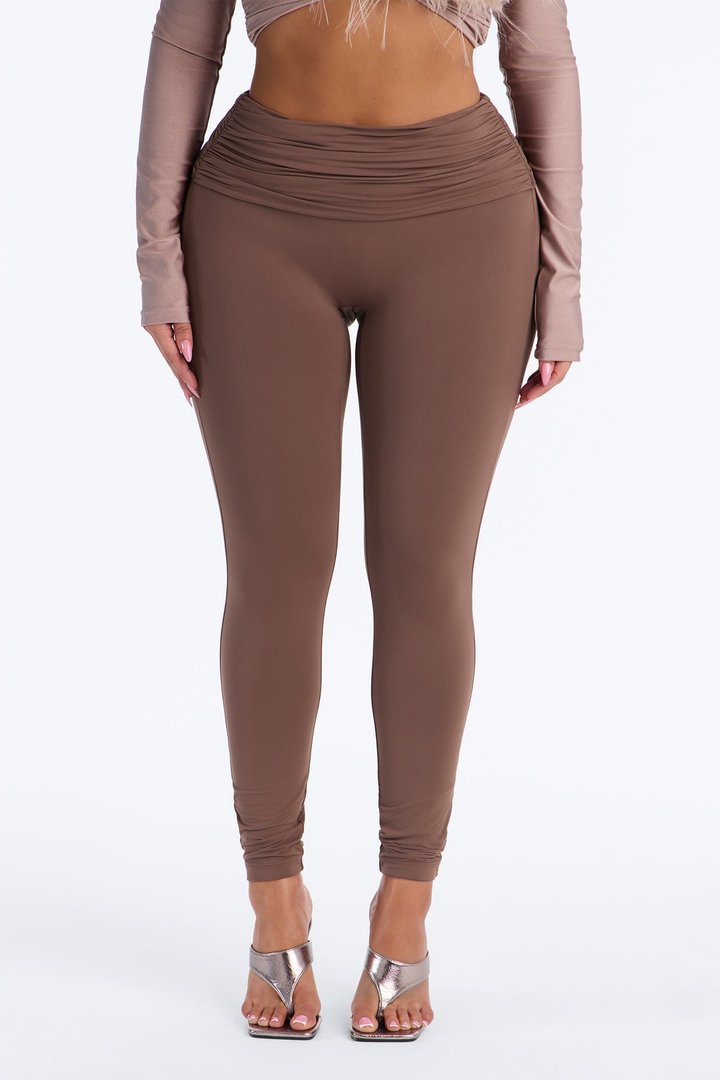Second Skin Double Lined Ruched Foldover Leggings - Brown