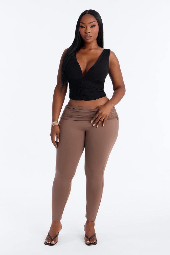 Second Skin Double Lined Ruched Foldover Leggings - Brown