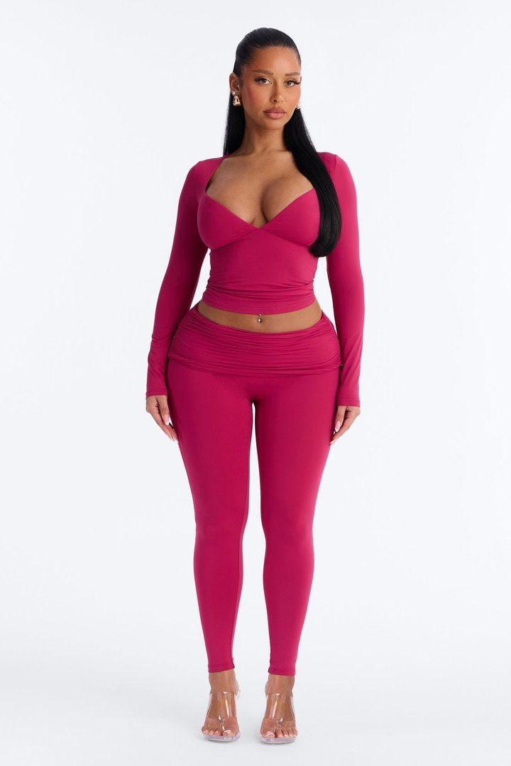 Second Skin Double Lined Ruched Foldover Leggings - Raspberry