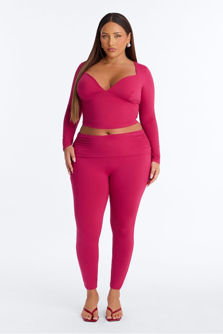 Second Skin Double Lined Ruched Foldover Leggings - Raspberry