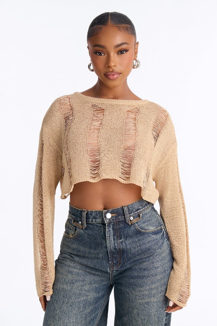 Possessive Distressed Cropped Pullover Sweater - Taupe