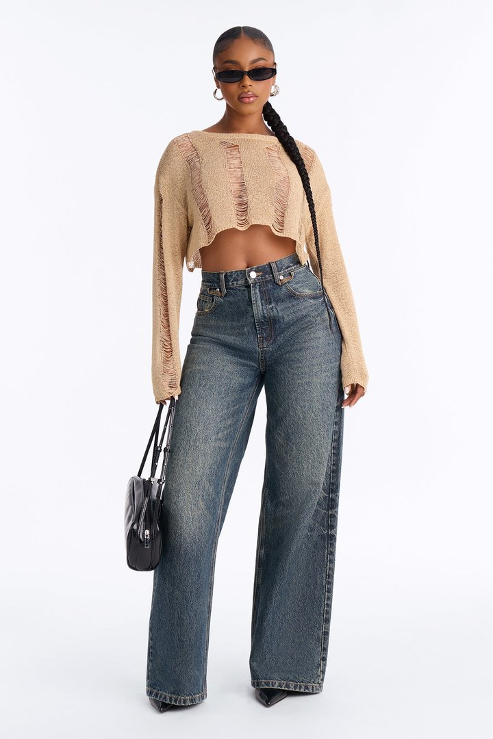 Possessive Distressed Cropped Pullover Sweater - Taupe