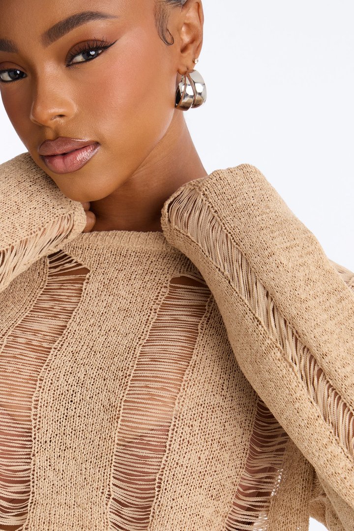 Possessive Distressed Cropped Pullover Sweater - Taupe